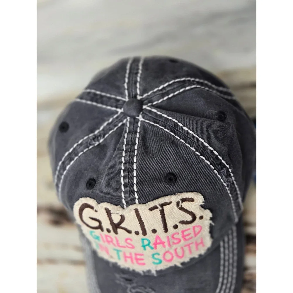 KBETHOS Vintage‎ GRITS Girls Raised In The South Distressed Baseball Cap Gray